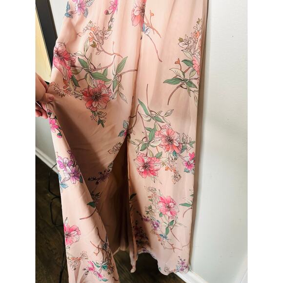 MONIQUE LHUILLIER Pink Floral Crepe Short Sleeve Floral Gwen Gown Size 6 - Picture 8 of 14